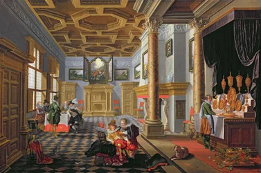 Elegante Figuren dineren in een Hofinterieur